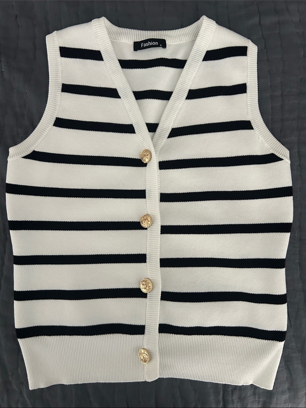 Striped Knit Button Front Vest - White & Black